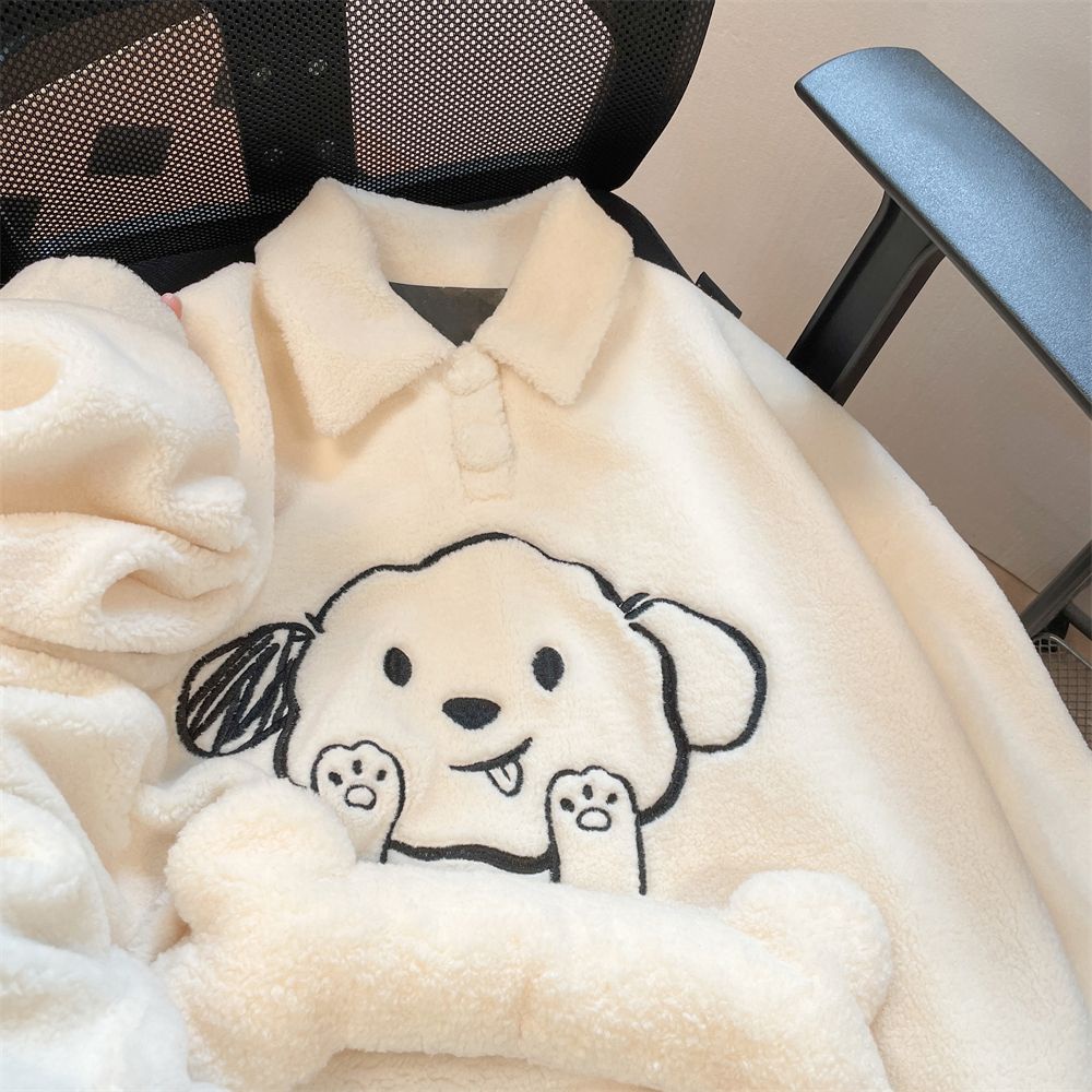 👗Trang phục Junyi💗Áo Sweater Lông Cừu Dày Dặn Cổ polo Thêu Hình Chú Cún Dễ Thương Thời Trang Thu Đông Cho Nữ