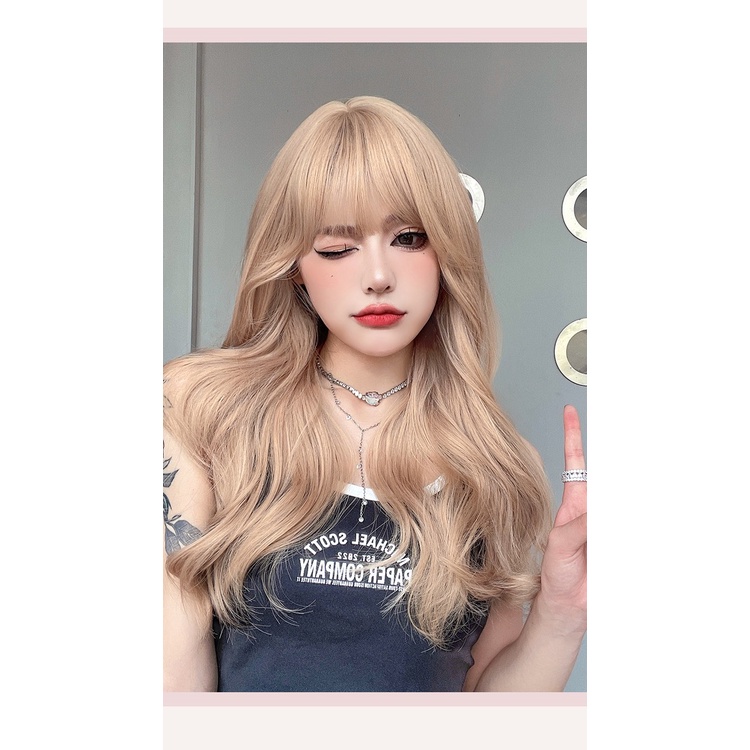 Tóc giả nguyên đầu xoăn khói vàng cao cấp sang chảnh