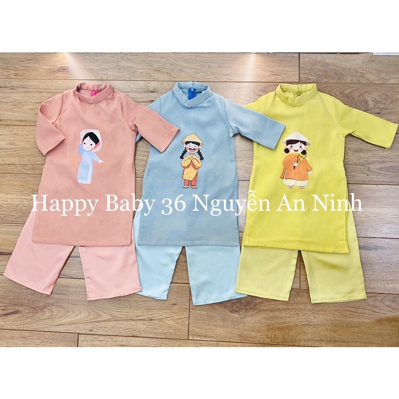 Áo dài bé gái chất nhung lì in hình cô gái đội nón 8-33kg
