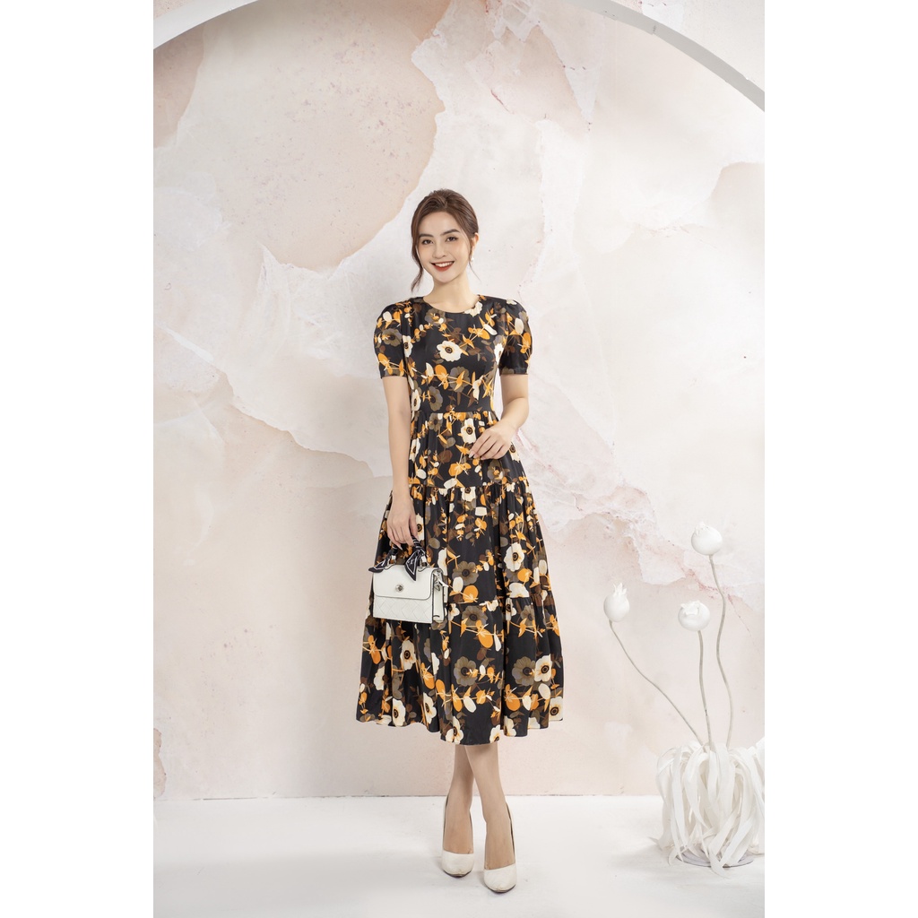 Đầm thiết kế cao cấp FIONA họa tiết hoa váy công sở nữ dáng xòe chất liệu lụa Hàn cao cấp trẻ trung F452341