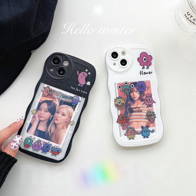 Soft Casing Redmi 12C A1 10C 10A 9C 9A 8 6A 5A Note 12 4G 5G 11S 11 10s 10 Pro 9 9S 8 POCO X4 X5 M3 X3 Pro NFC Cute Waves Edge Fine Hole Clear Monsters Photo frame Can Placed Photos Phone Case Full Back Cover BW 05