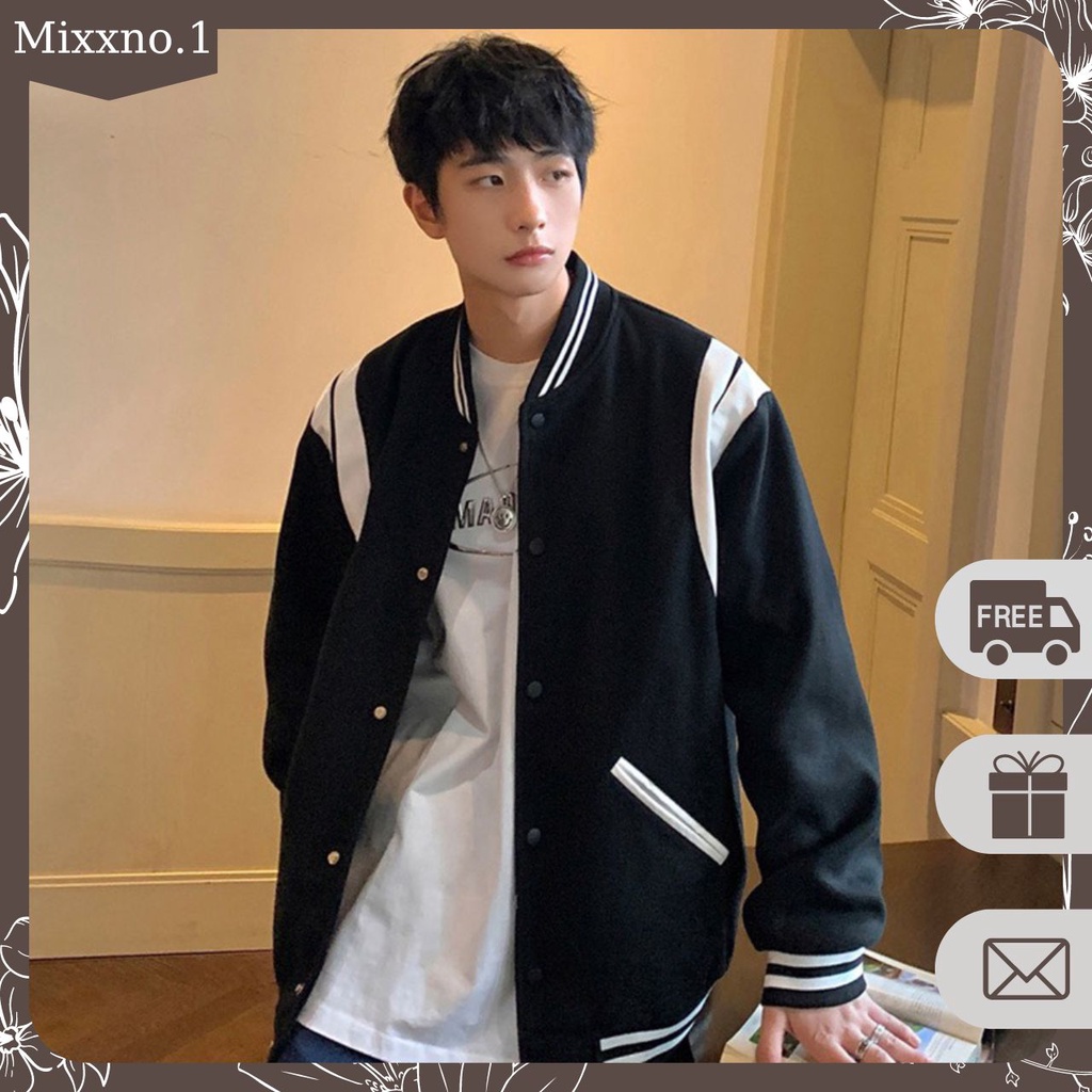 Áo Khoác Bomber Teddy Nam Nữ Dài Tay Phối Viền Sọc Cầu Vai Form Rộng Thời Trang Mixxno1 AO KHOAC NAM 046V6