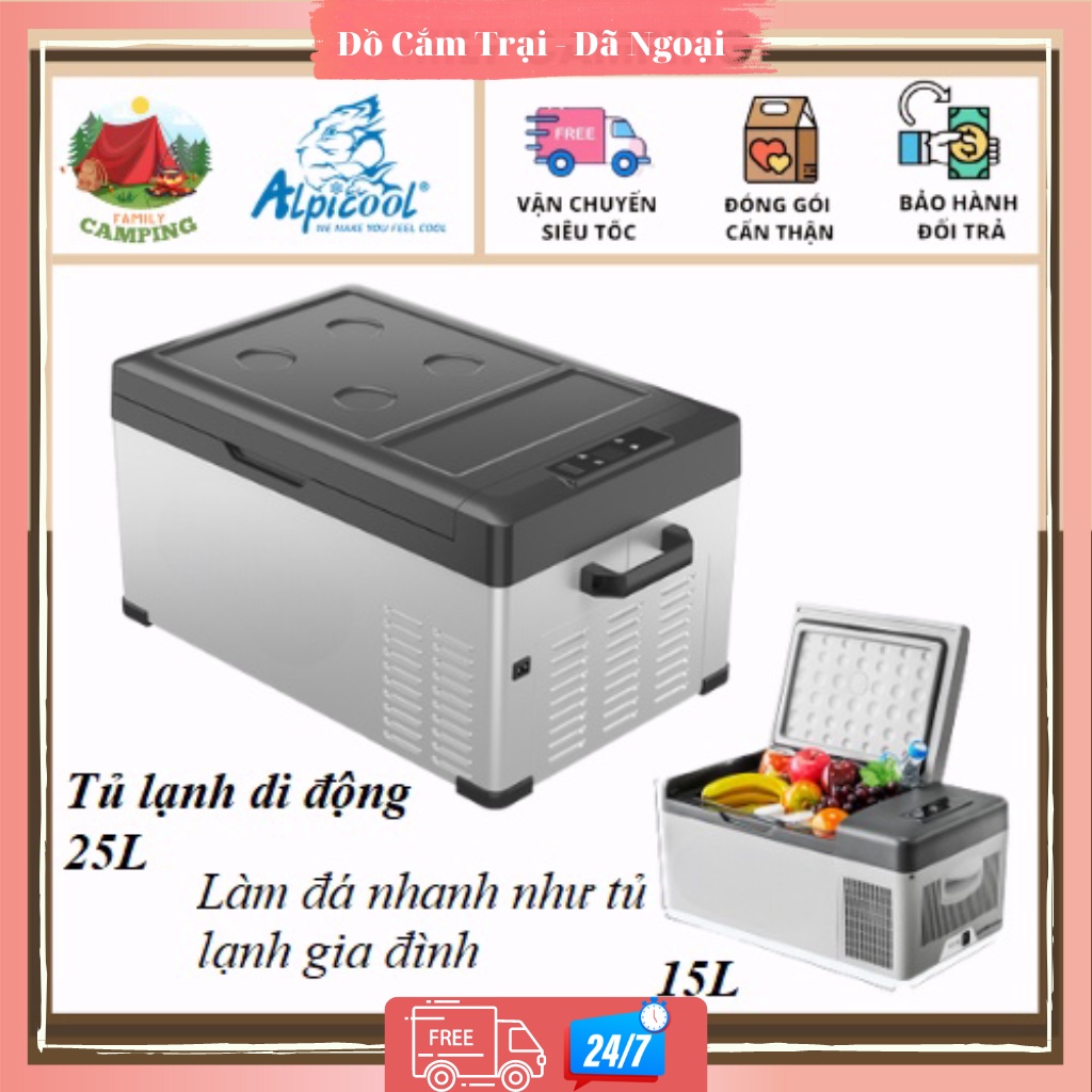 Tủ lạnh di động dùng cho ôtô xe hơi gia đình cắm trại, du lịch 15L và 25L làm đá như tủ lạnh gia đình nhiệt độ -20 độ C