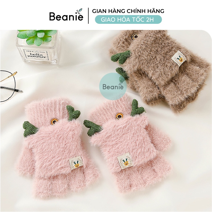 Găng Tay Len Hươu Lặt Ngửa Dễ Thương BEANIE Sợi Len Cao Cấp, Bao Tay Cute Cảm Ứng Màn Hình Nửa Ngón Mùa Đông Cho Nữ GT08