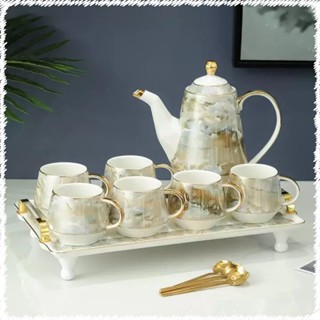  BỘ ẤM CHÉN KÈM KHAY SỨ TRẮNG XÁM VÂN ĐÁ VIỀN VÀNG CAO CẤP 