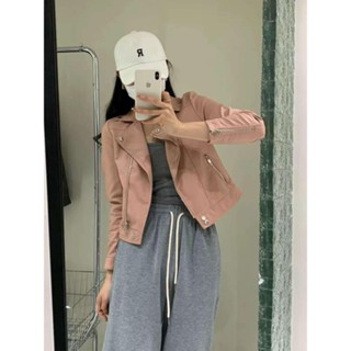 Áo Khoác Da Nữ Croptop MYAN Biker Jacket Cổ Bẻ Khóa Chéo 2 Túi Màu Hông Kem Nâu Đen A112212 (826)