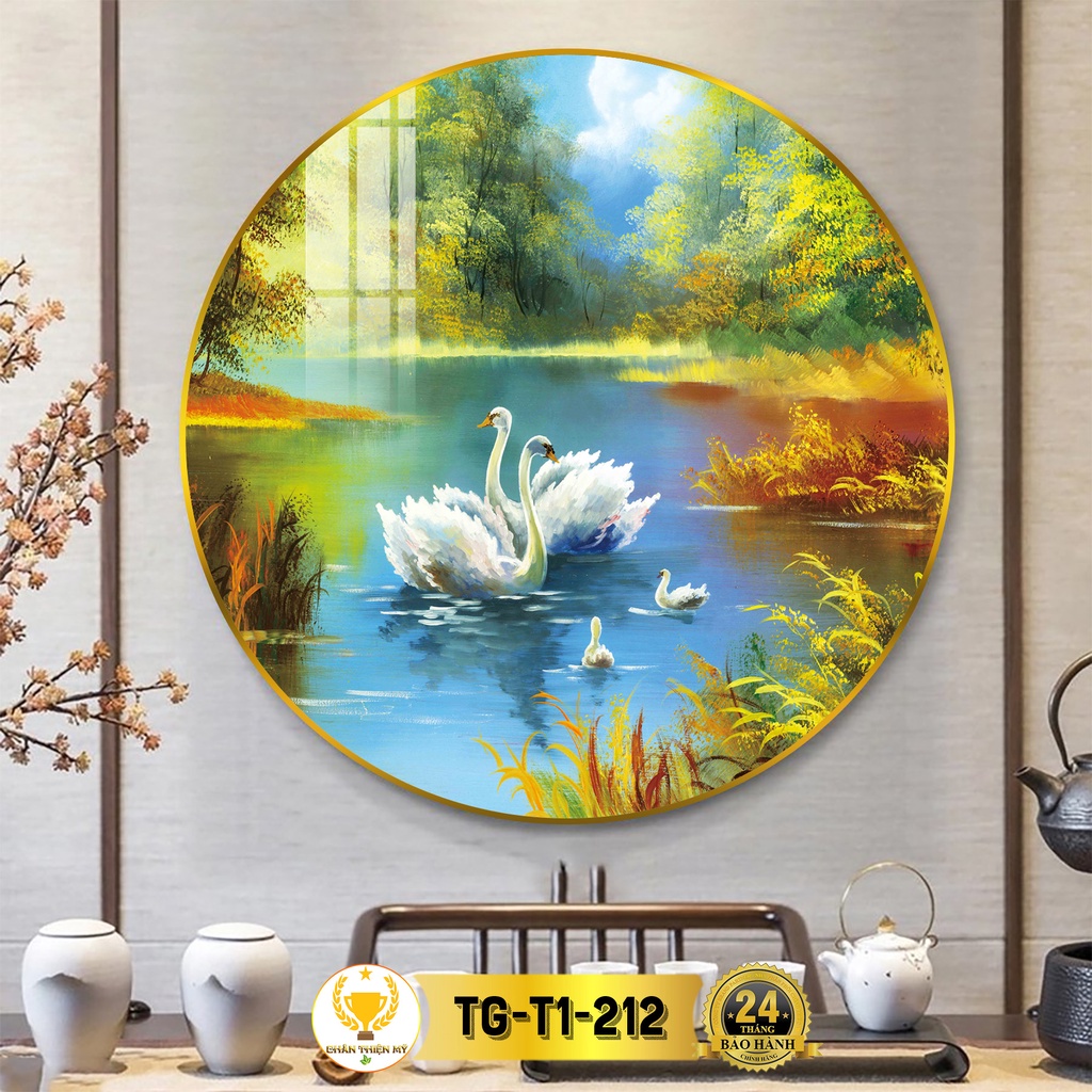Tranh Tráng Gương Pha Lê Tròn CHÂN THIỆN MỸ, Decor Treo Tường Trang Trí Phòng Thiên Nga Sơn Dầu TG-T1-212
