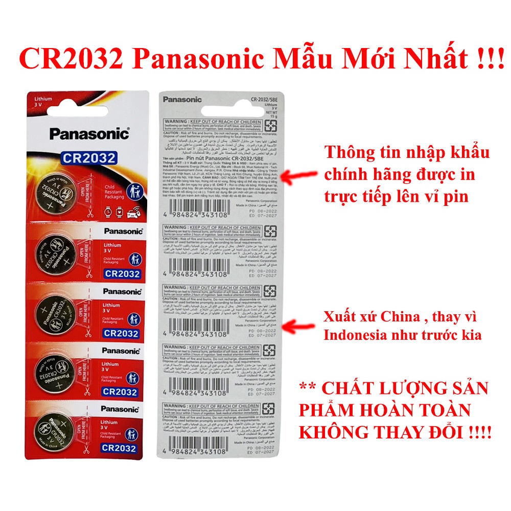 Vỉ 5 Viên Pin Panasonic CR2032 / CR2025 / CR2016 / CR1632 / CR1220 / CR1620 / CR1616 / CR2450 chính hãng