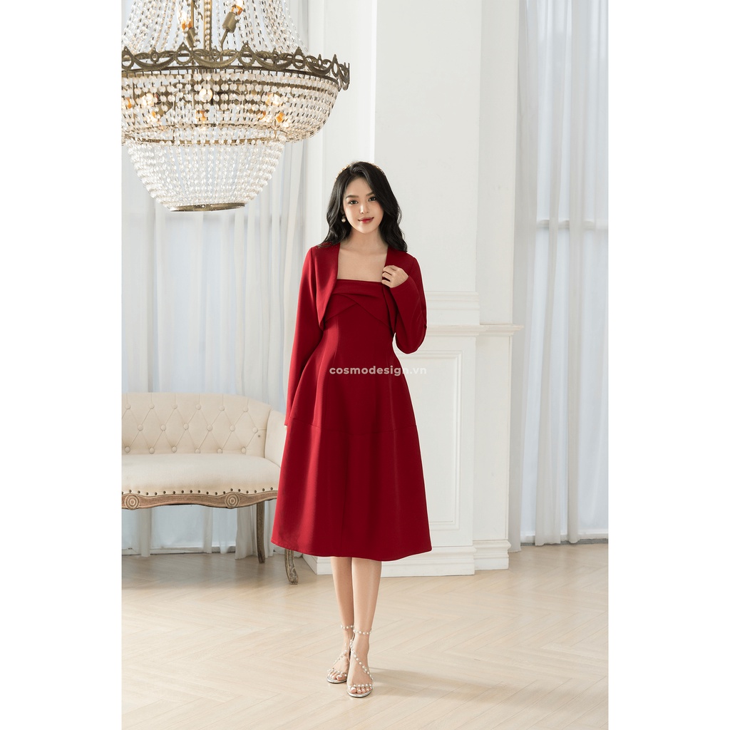 RED WINE - Váy Xoè Đỏ Xếp Ly Ngực Phối Giả Áo Choàng