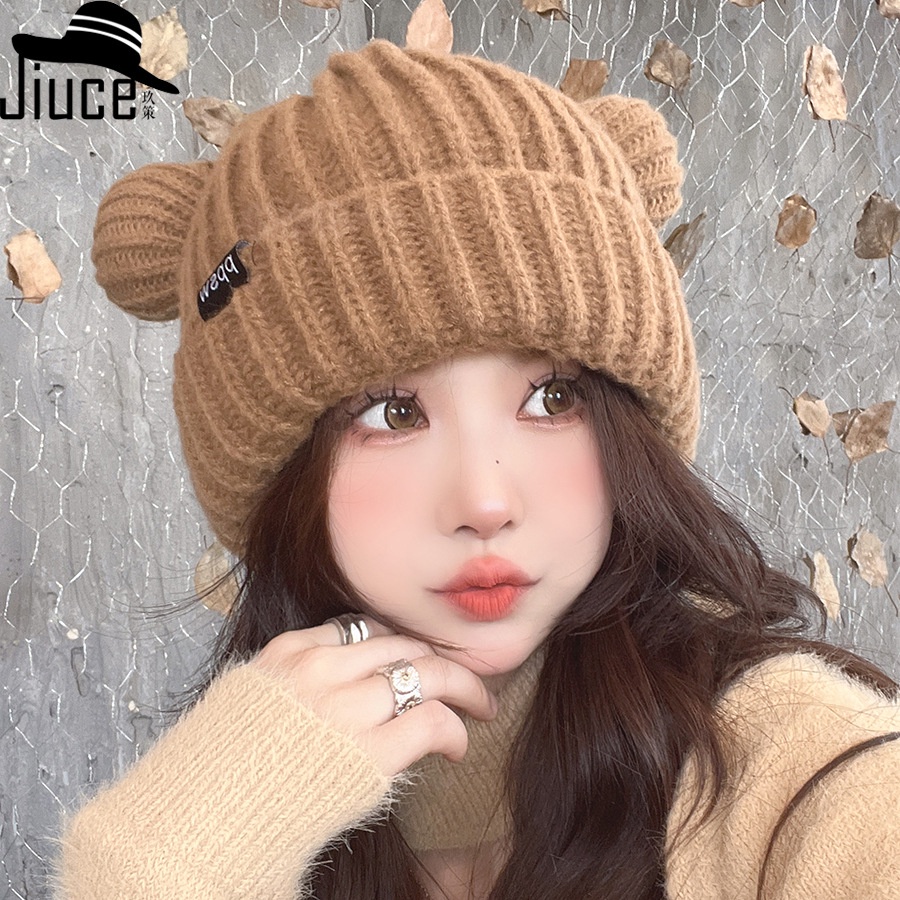 Mũ len nữ Bluehope tai gấu Ba màu dễ thương dày dặn mũ beanie M3C