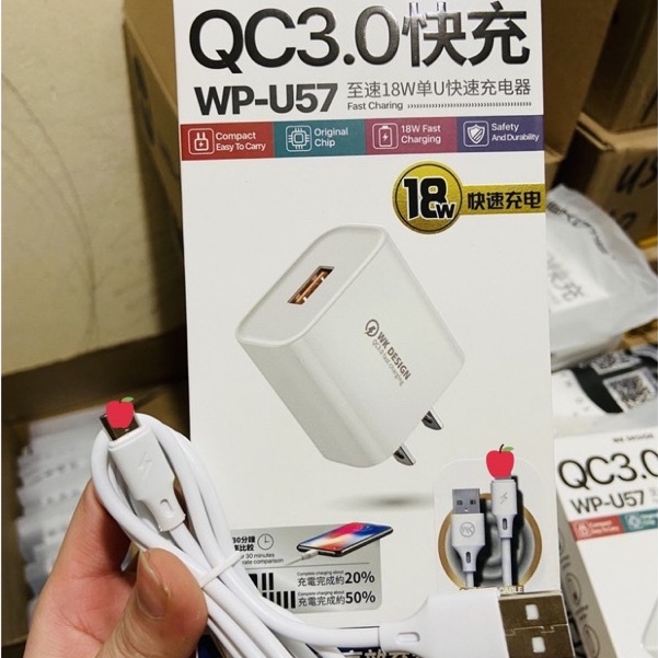 Combo Bộ Sạc Nhanh : Củ Sạc + Cáp Sạc 18W Đầu USB - iP- Type.C - Micro -  QC3.0 WK U57 - Chính Hãng NEXTAGE