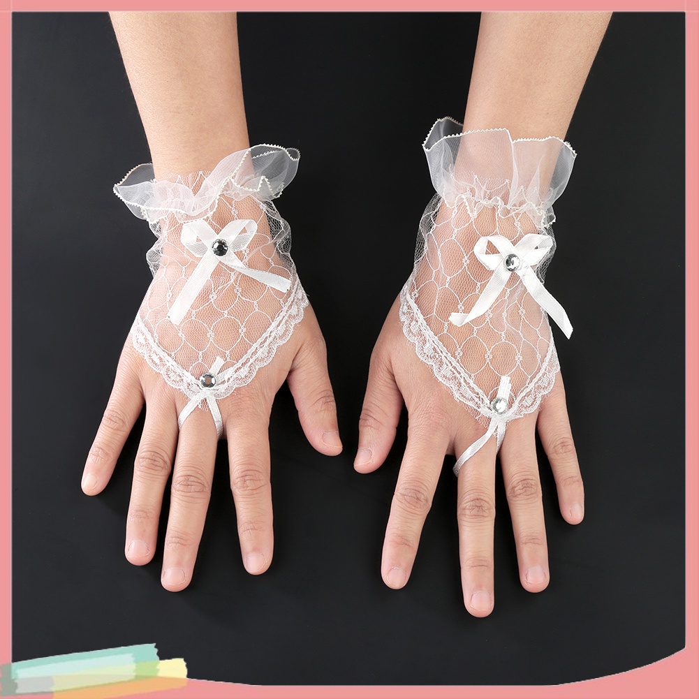 Đôi găng tay cô dâu vải ren phối nơ và ngọc giả độc đáo thời trang