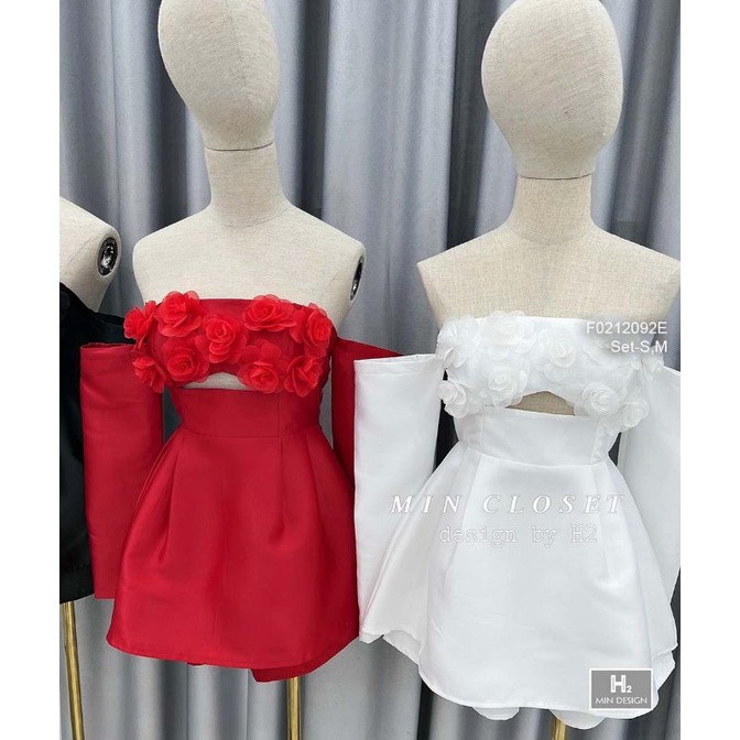 Set quần short kèm áo tay dài rớt vai ngực đính hoa 0212