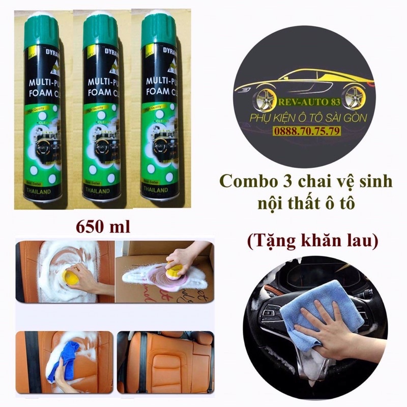 Combo 3 chai vệ sinh nội thất ô tô, da-nỉ,màu xanh-vàng 650ml