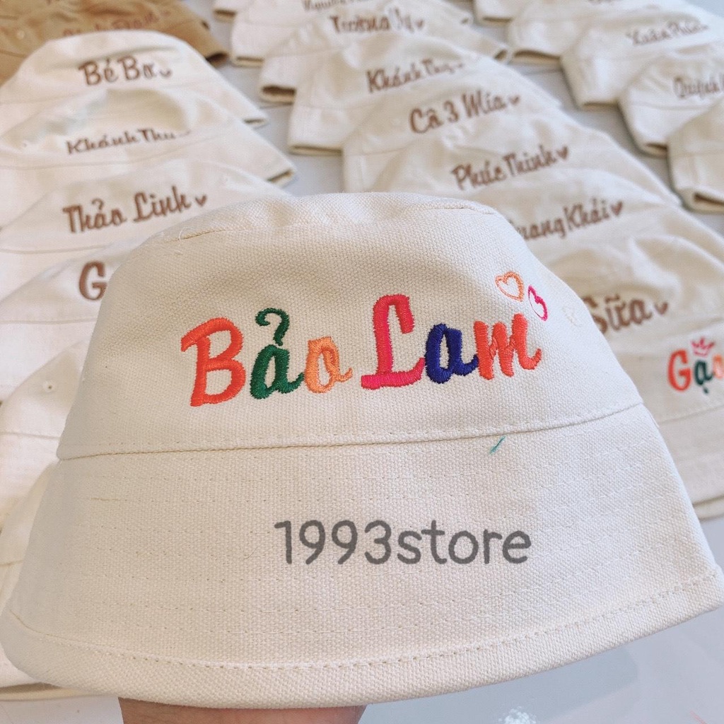 Mũ bucket thêu tên/Nón bo thêu tên màu cầu vồng kèm sticker siêu cưng!!!