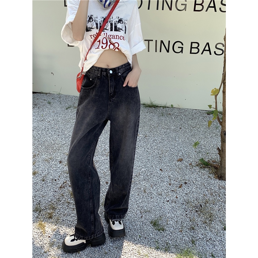 Xiaozhainv Quần jeans XIAO ZHAI NV lưng cao ống rộng màu đen phong cách cổ điển cho nữ