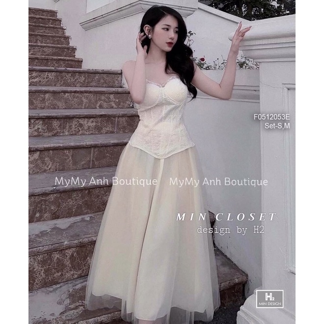 Set áo ống ren hoa viền bèo kèm Váy lưới dài có lót TT0512