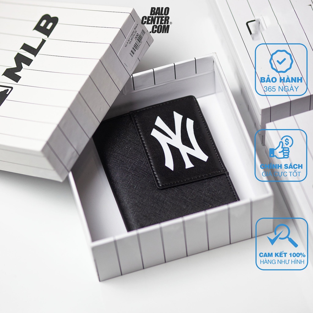 Ví Da Nam Nữ Unisex, Ví Da Mini Gập Đôi Cao Cấp Nhiều Ngăn Đựng Tiền, ATM, Thẻ MLB NY Walllet Black MLBWAL09