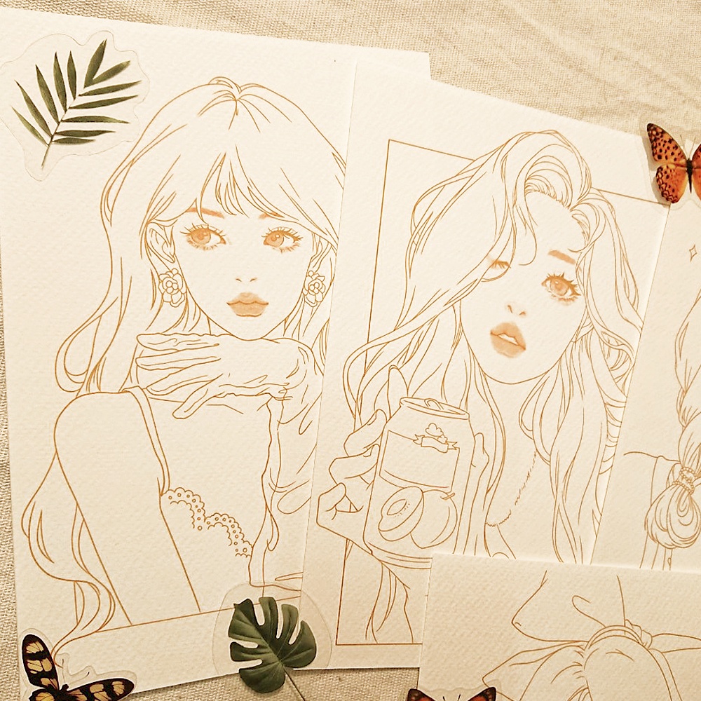 Tranh tô màu / tranh tô màu nước nàng thơ / Line Art / Khổ A5 dày 300gsm