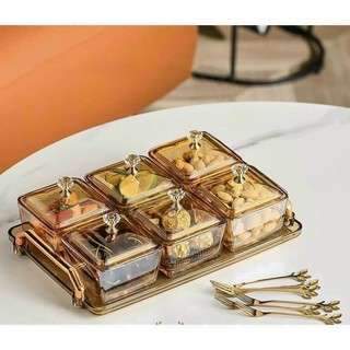 Khay đựng mứt thủy tinh 6 ngăn đựng bánh kẹo, mứt tết, hạt dưa sang trọng, hũ đựng kẹo ngày tết