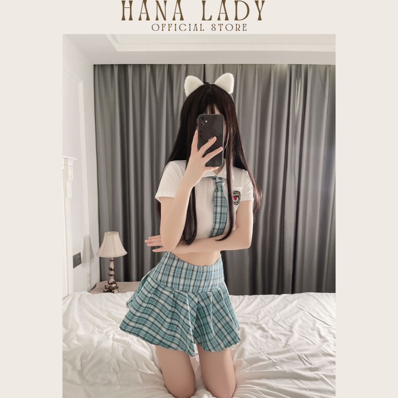 Váy ngủ nữ sọc caro áo croptop phong cách thư sinh duyên dáng đáng yêu chất cotton mềm mịn Hana Lady C287