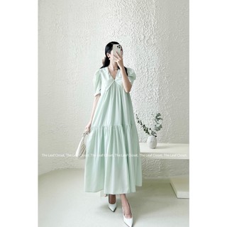 Đầm thiết kế dáng dài cổ nhọn tay phồng - Đầm thiết kế cao cấp The Leaf Closet - Váy kate silk dạo phố