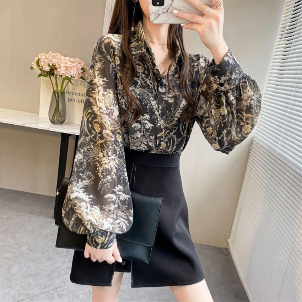 Áo Sơ Mi Chiffon Tay Dài Phồng Dáng Rộng In Họa Tiết Xinh Xắn Thời Trang Mùa Hè Cho Nữ
