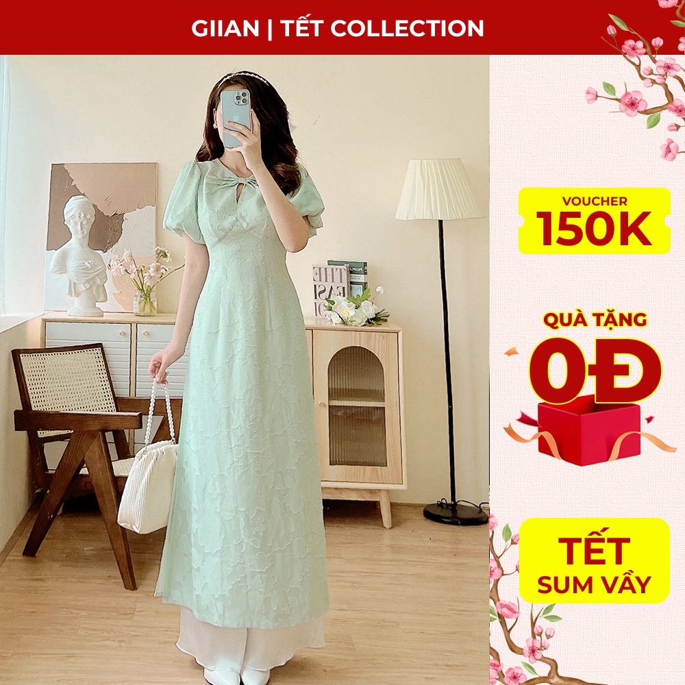 Áo dài cách tân tay bồng họa tiết vân nổi thiết kế cổ nơ cách điệu chính hãng Giian - GAD441