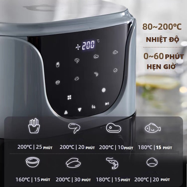 Nồi Chiên Không Dầu Bear 5 Lít cao cấp, màn hình cảm ứng công suất 1550W, có đèn