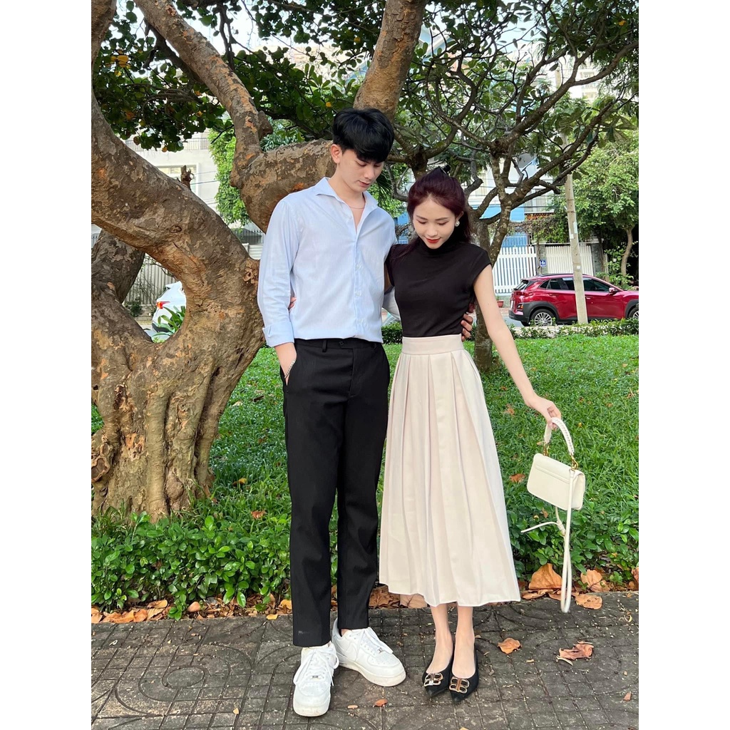 Chân váy Midi xòe dáng dài xếp ly to