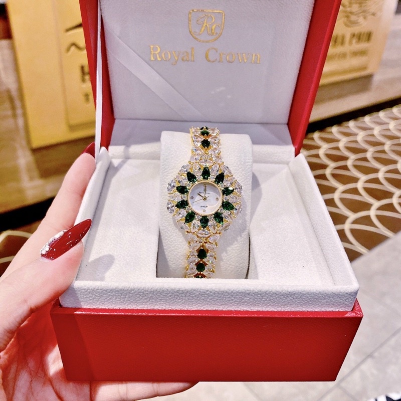 Đồng hồ Royal Crown 2035 mặt tròn hoa tuyết đính đá màu dây kim loại chính hãng