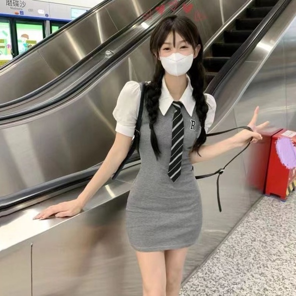 Đầm Ngắn Tay Giả Hai Lớp Thời Trang Mùa Hè Cho Nữ