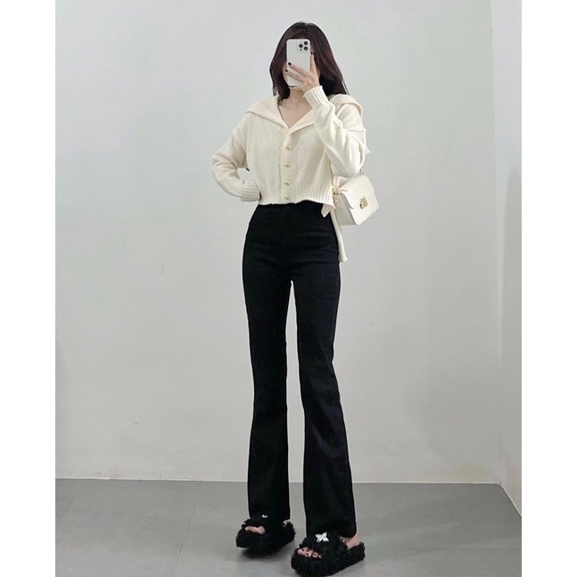 Quần Jean Nữ Ống Loe Đen Trơn 9 Tấc Lưng Cao - Co Giãn