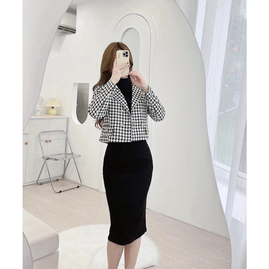 Áo Khoác Dạ Dáng Vest Lửng Nữ Minz Store Mã AD005, Thiết Kế Họa Tiết Răng Sói