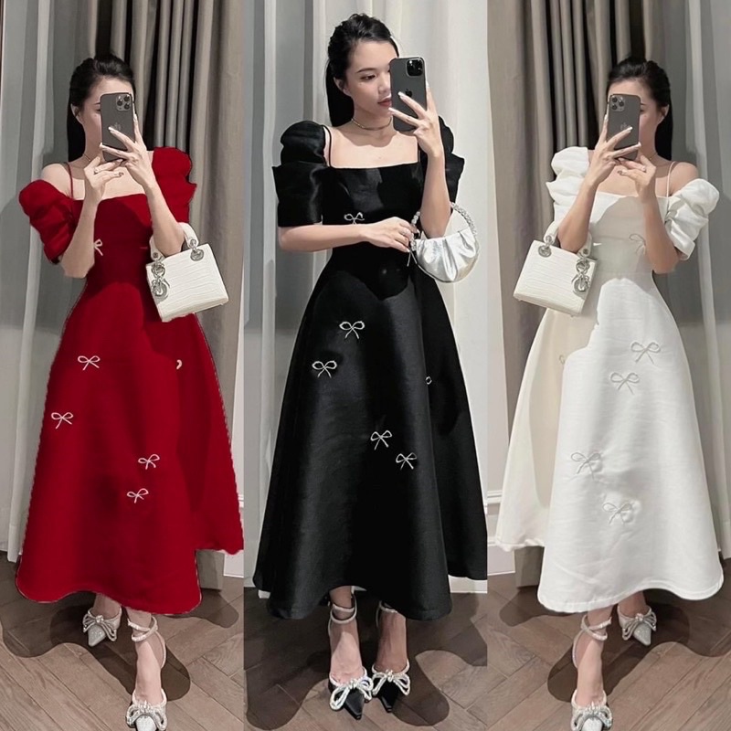 ĐẦM DỰ TIỆC GẤM DÁNG DÀI ĐÍNH NƠ ĐÁ BIGSIZE 60-90KG ( BÈO BÉO BIGSIZE )