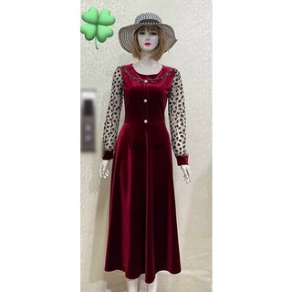 Đầm nhung phối bèo voan lưới tay cổ trung niên tạo phong ít cách trẻ trung màu đỏ, nâu, xanh than