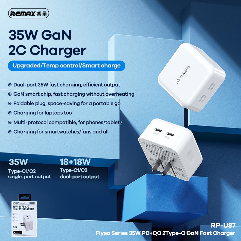 Cốc sạc nhanh Remax RP-U87 2 cổng USB TypeC PD max 35W, Công nghệ GaN (Trắng) - Hãng phân phối