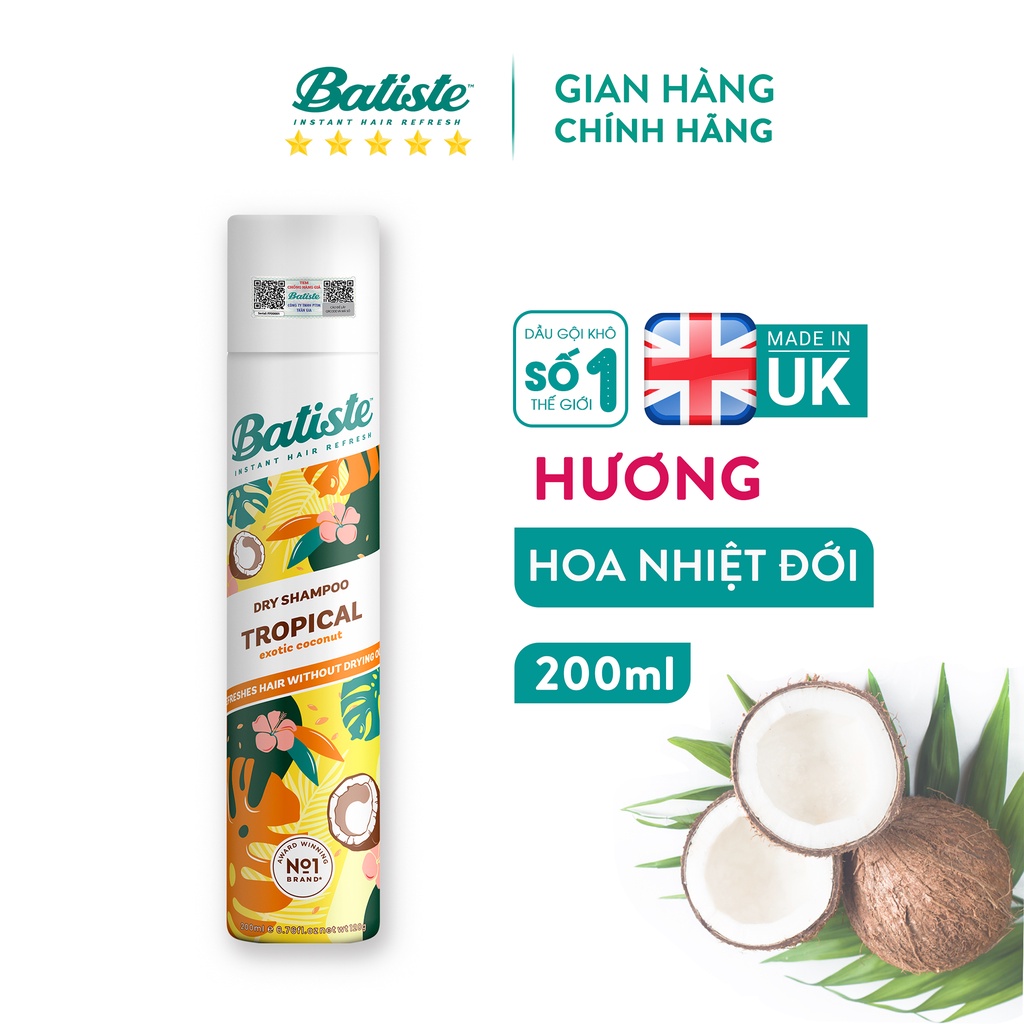 Dầu Gội Khô Batiste Hương Hoa Nhiệt Đới - Batiste Dry Shampoo Coconut & Exotic Tropical 200ml