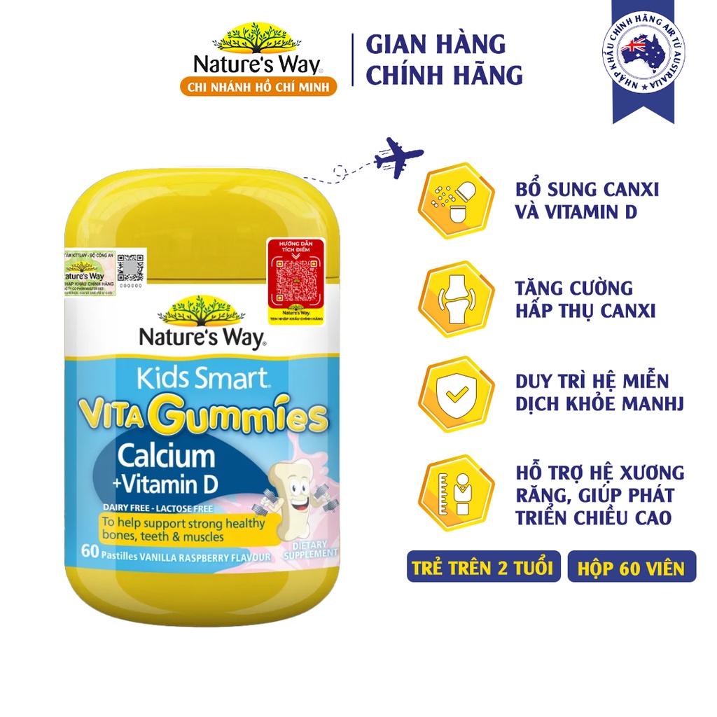 Kẹo Dẻo Canxi Cho Bé Nature’s Way Kids Smart Vita Gummies Calcium + Vitamin D Hỗ Trợ Hệ Xương Vững Chắc 60 Viên