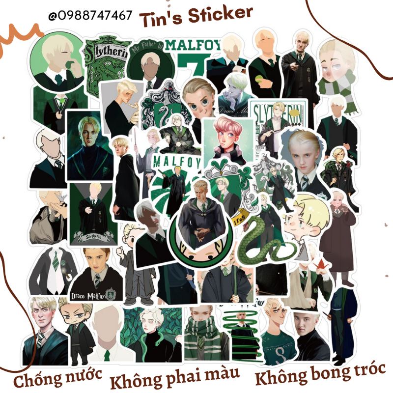 Set combo 50 miếng dán sticker Draco Malfoy dán nón mũ bảo hiểm laptop vali sổ sách đàn guitar tủ lạnh xe máy đàn guitar