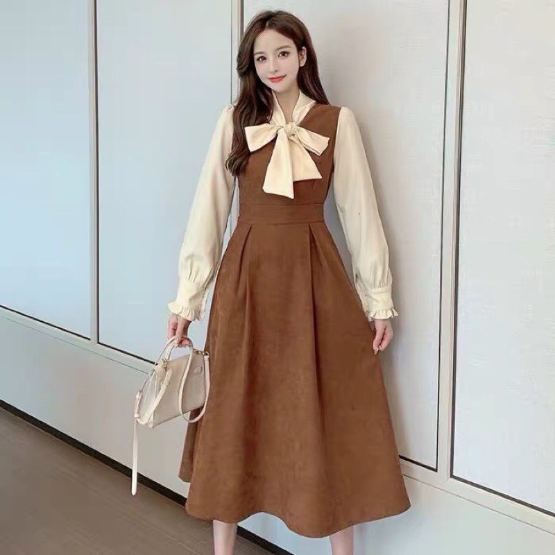 Váy đầm nữ dáng xòe tay dài quý phái phối tơ gân cực xinh họa tiết cột nơ thanh lịch dự tiệc