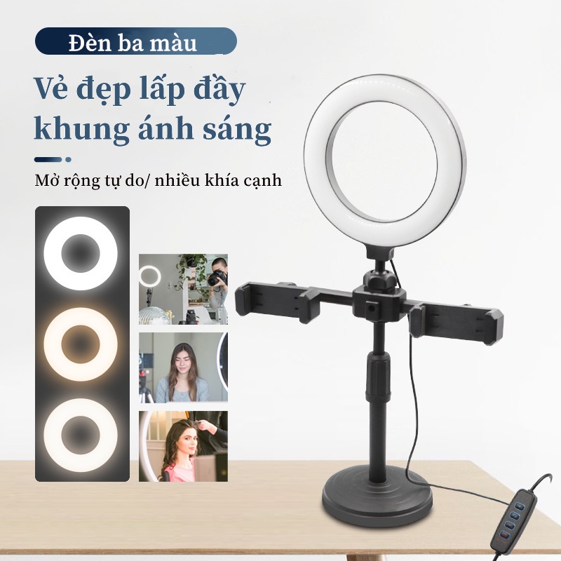 Đèn Livestream Để Bàn Tích Hợp 2 Kẹp Điện Thoại, 3 Chế Độ Sáng, Hỗ trợ ánh sáng quay video, tiktok,xem phim