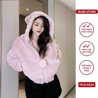 A159 - Áo khoác nữ LINH RUBI STORE áo lông gấu có mũ hàng 2 lớp dày dặn kèm quả bông móc khóa