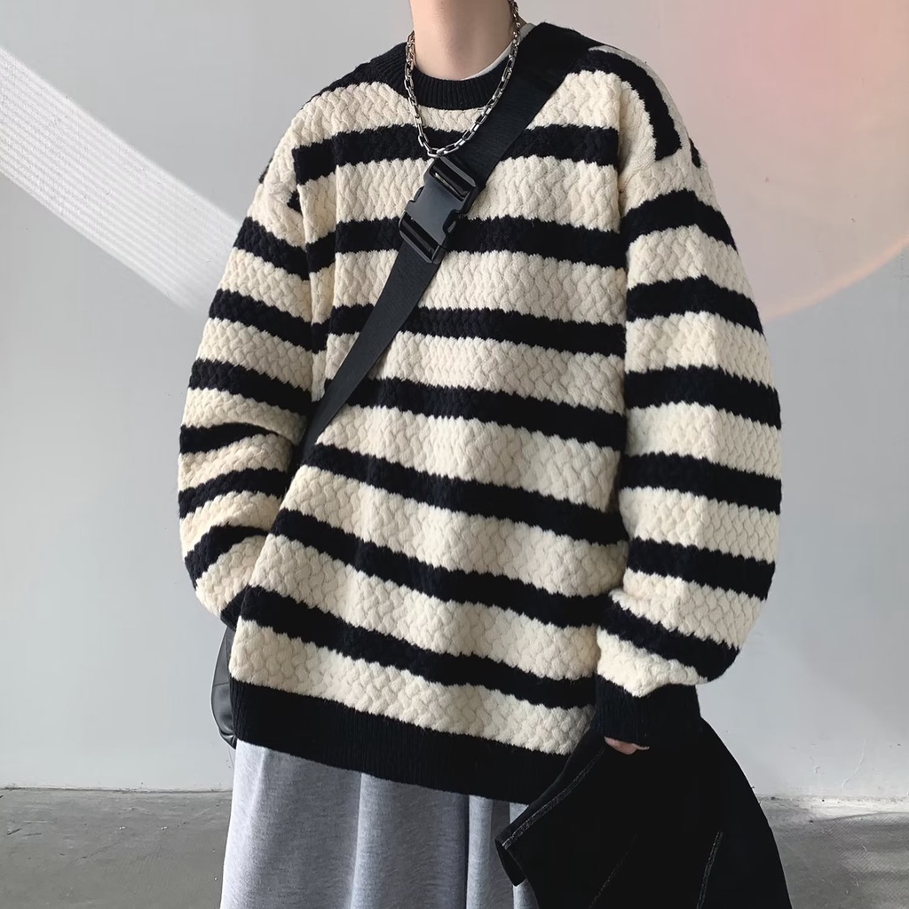 Áo Khoác Sweater Dệt Kim Dày Tay Dài Kẻ Sọc Kiểu Hàn Quốc Thời Trang Thu Đông Cho Nam