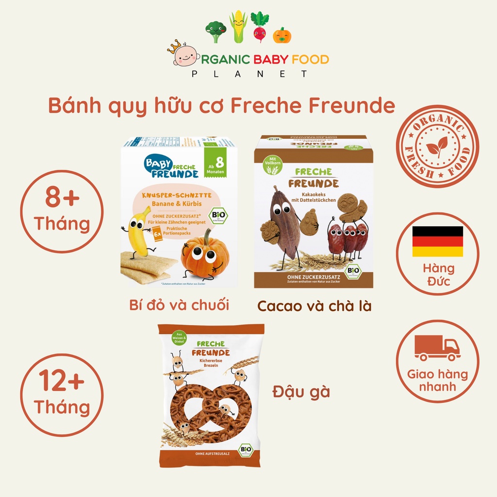 Bánh quy thanh/ xoắn ngũ cốc hữu cơ Freche Freunde cho bé từ 8 tháng thơm giòn snack lý tưởng vị ngọt tự nhiên 84g/ 75g