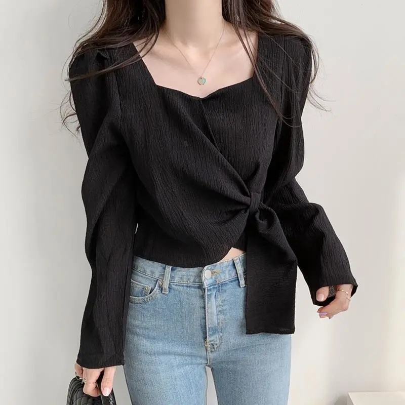 Áo Sơ Mi Nữ Tay Dài Cổ Vuông Thời Trang Phong Cách Hàn Quốc
