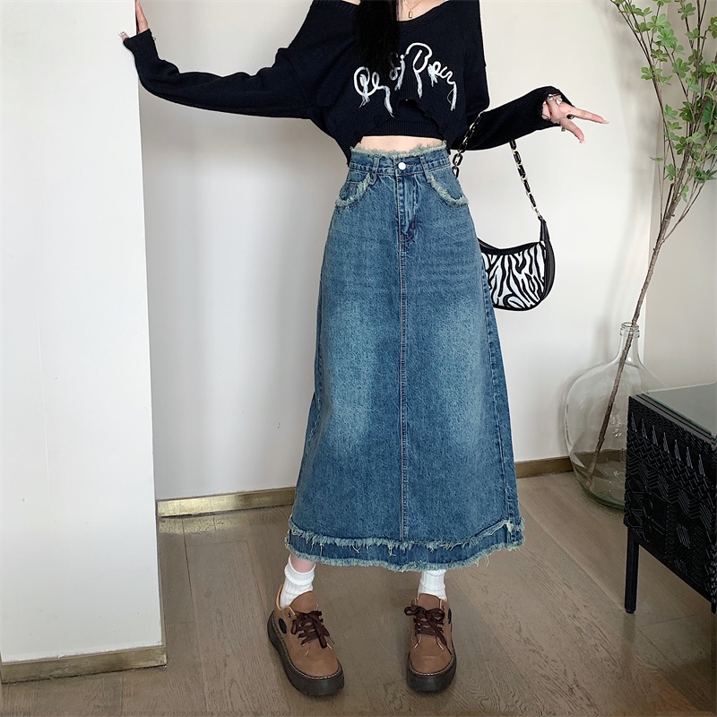 Chân váy jean IELGY lưng cao dáng chữ A phong cách retro dễ phối đồ cho nữ