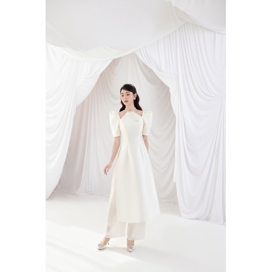 𝐀́𝐨 𝐝𝐚̀𝐢 𝐌𝐨̣̂𝐜 𝐋𝐚𝐧 - áo dài thiết kế Momizi By Havu cổ đính đá có kèm tag nơ đính đá