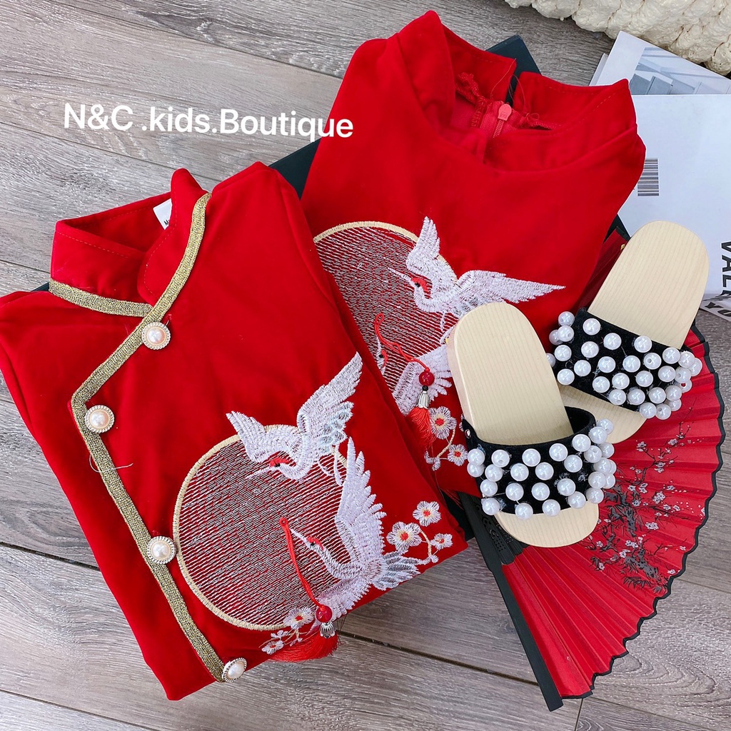 Áo dài cách tân cho bé trai, bé gái  chất liệu nhung cao cấp hongvybaby