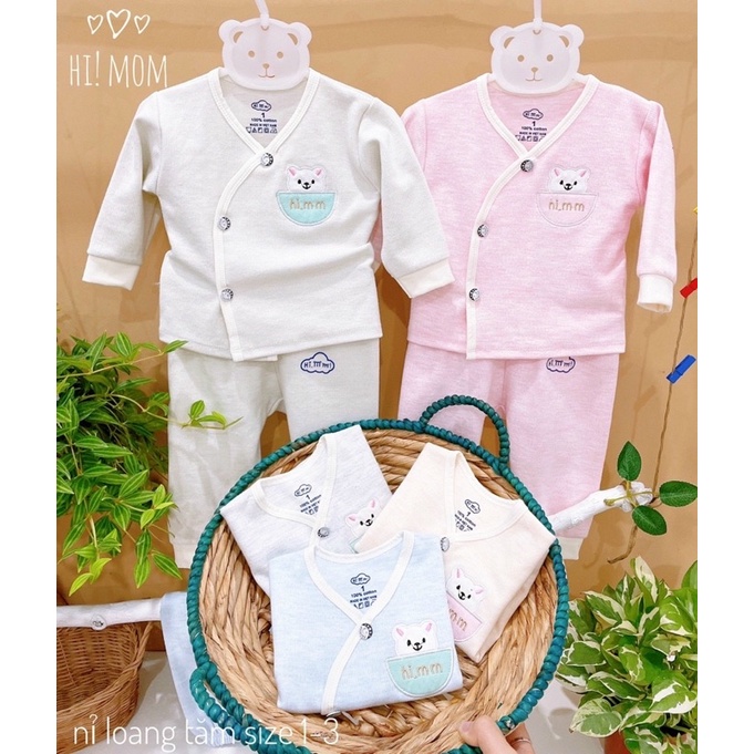 Bộ sơ sinh dài tay nỉ tăm ấm áp Hi!Mom, chất liệu mềm mại, an toàn cho làn da của bé